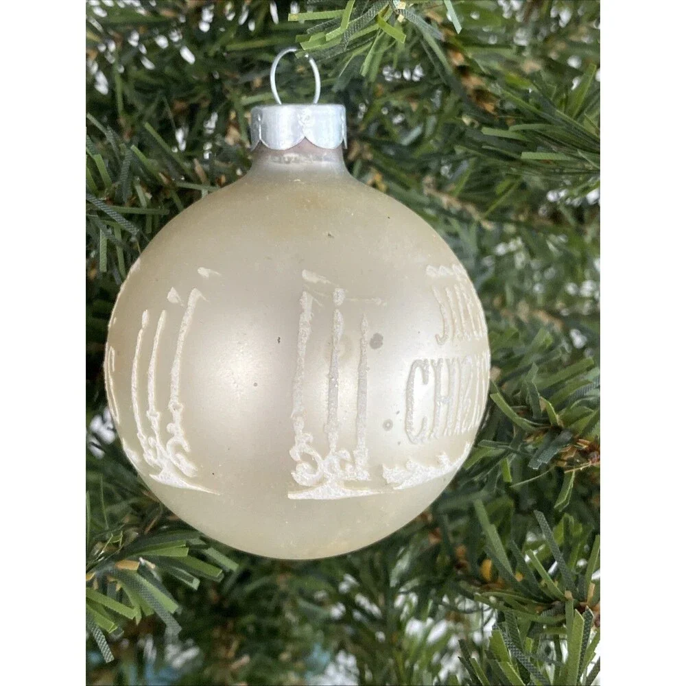 Vintage White Made USA MERRY CHRISTMAS Mica Stenciled Ball Ornament Holiday
